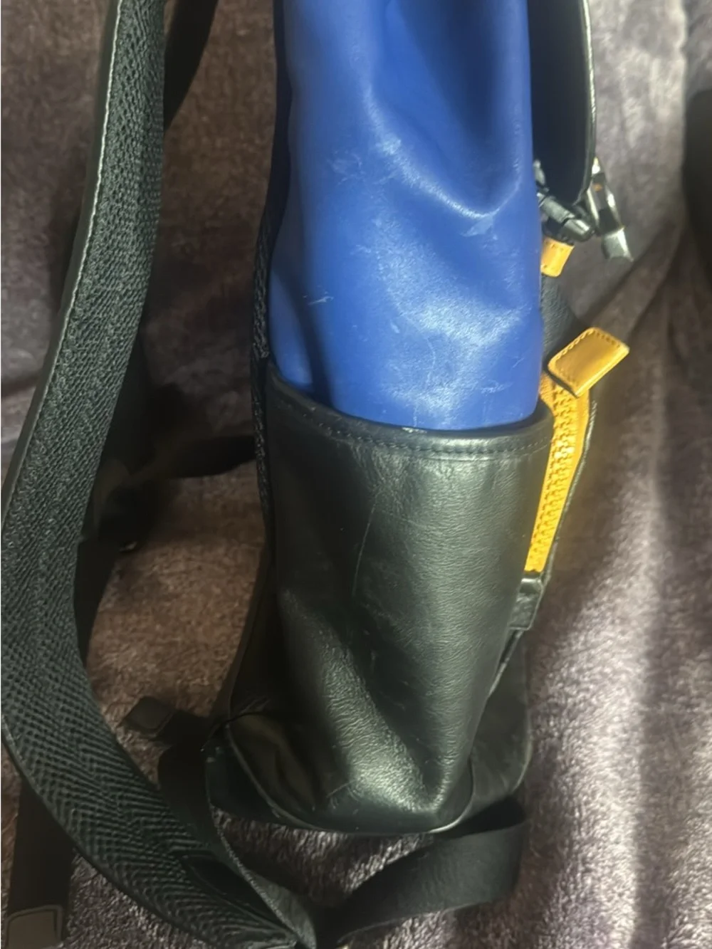 Coach Men's Blue and Black Logo Panel Flap Backpack with Gold Accents